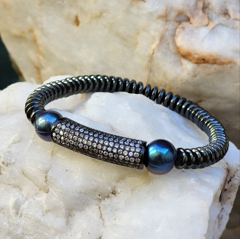 Rhodium Diamond Cut Pave Connector Bar Black Pearls Natural Hematite Bracelet